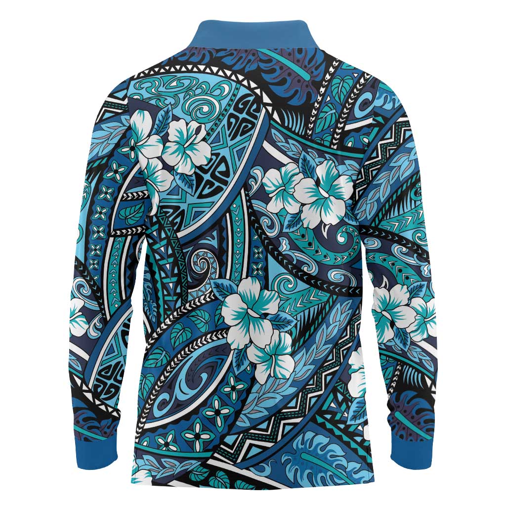 Polynesian Hibiscus Tropical Blue Floral Long Sleeve Polo Shirt Tribal Pattern - Polynesian Pride