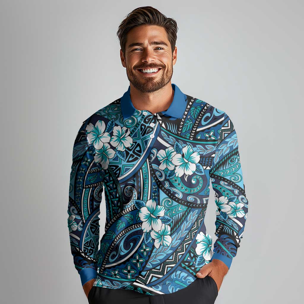 Polynesian Hibiscus Tropical Blue Floral Long Sleeve Polo Shirt Tribal Pattern - Polynesian Pride
