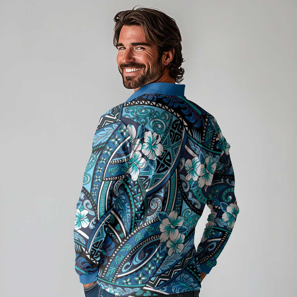 Polynesian Hibiscus Tropical Blue Floral Long Sleeve Polo Shirt Tribal Pattern - Polynesian Pride