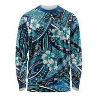 Polynesian Hibiscus Tropical Blue Floral Long Sleeve Shirt Tribal Pattern - Polynesian Pride