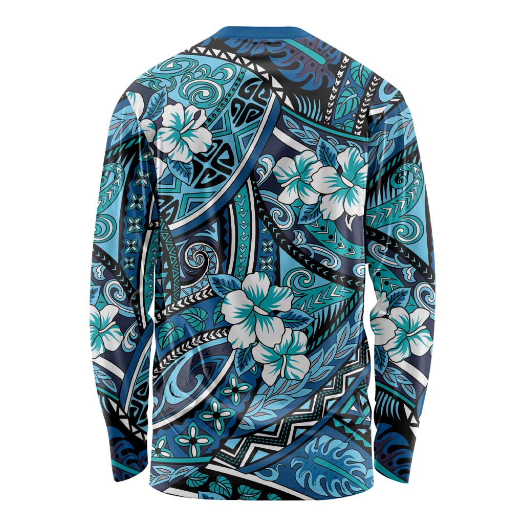 Polynesian Hibiscus Tropical Blue Floral Long Sleeve Shirt Tribal Pattern - Polynesian Pride