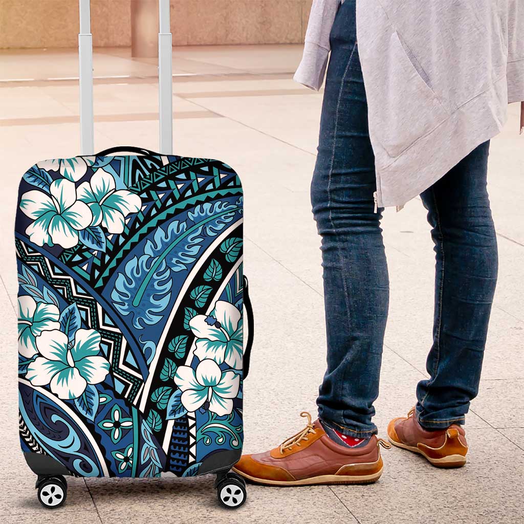 Polynesian Hibiscus Tropical Blue Floral Luggage Cover Tribal Pattern - Polynesian Pride