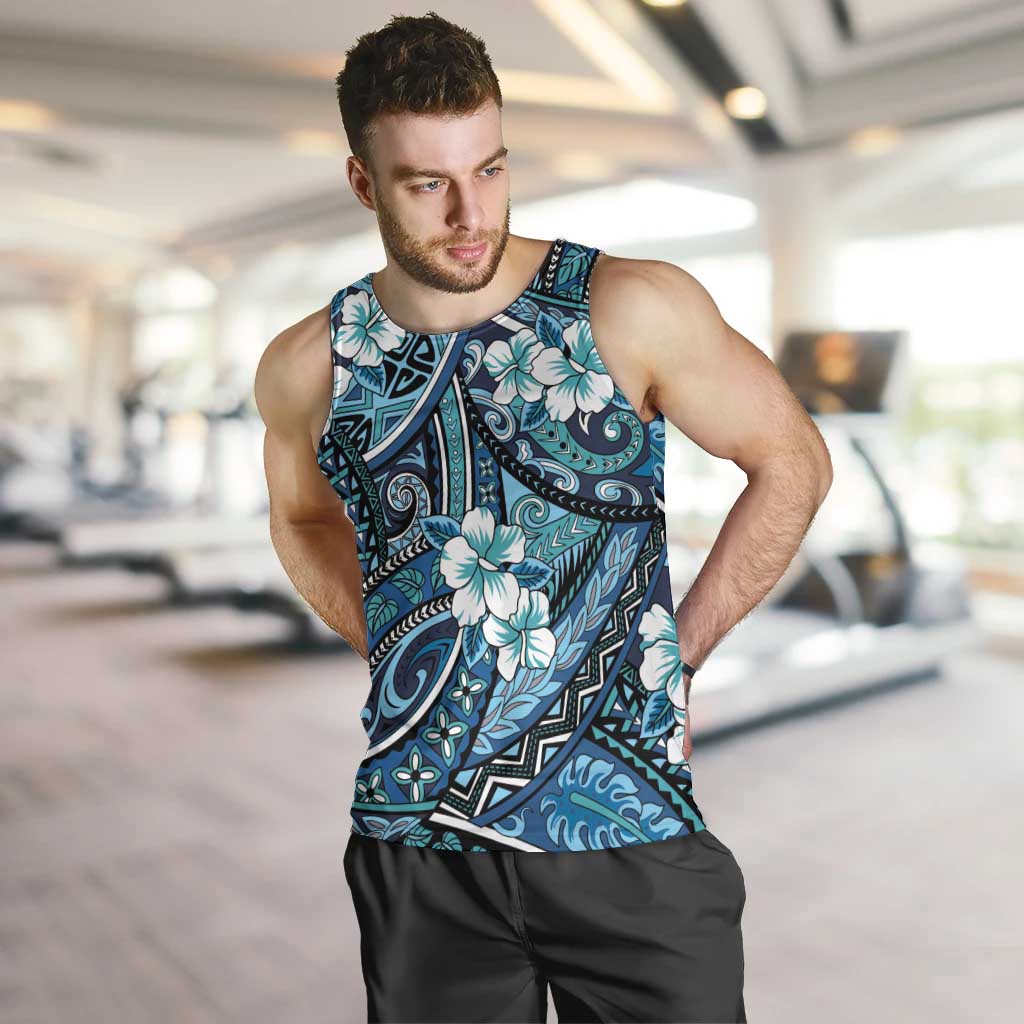 Polynesian Hibiscus Tropical Blue Floral Men Tank Top Tribal Pattern - Polynesian Pride