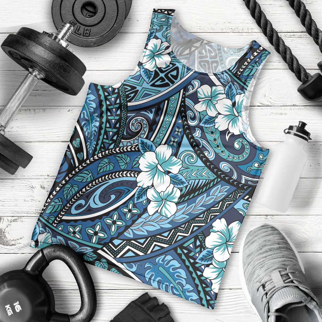 Polynesian Hibiscus Tropical Blue Floral Men Tank Top Tribal Pattern - Polynesian Pride