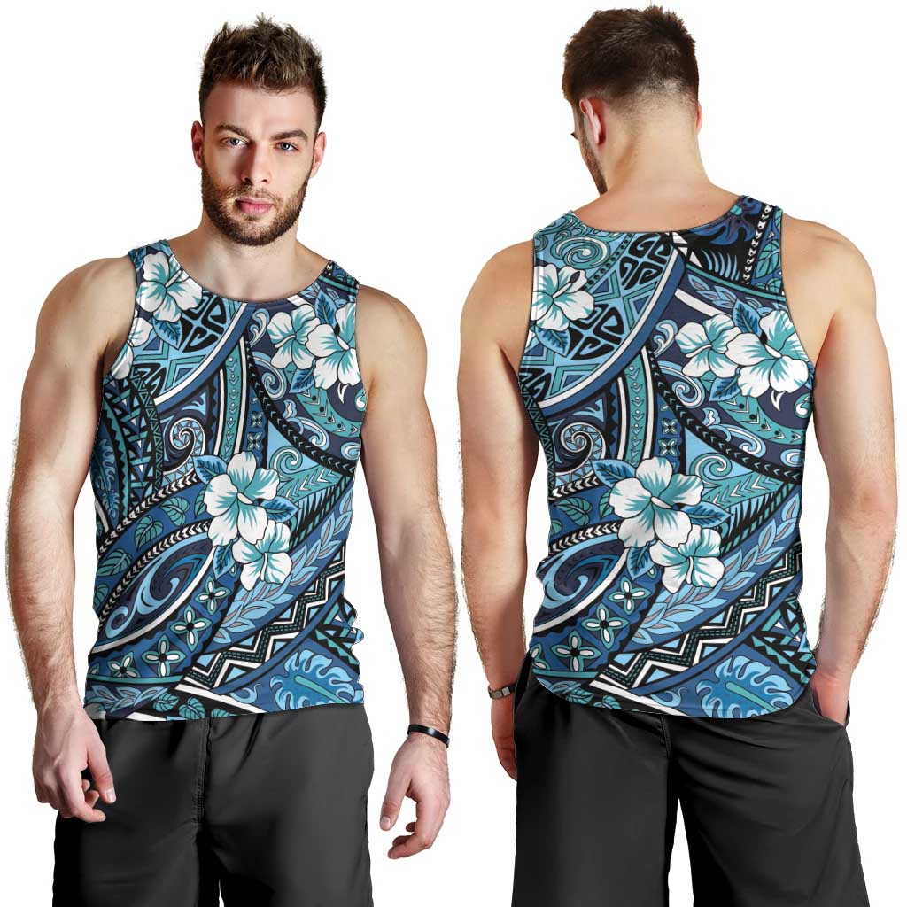 Polynesian Hibiscus Tropical Blue Floral Men Tank Top Tribal Pattern - Polynesian Pride