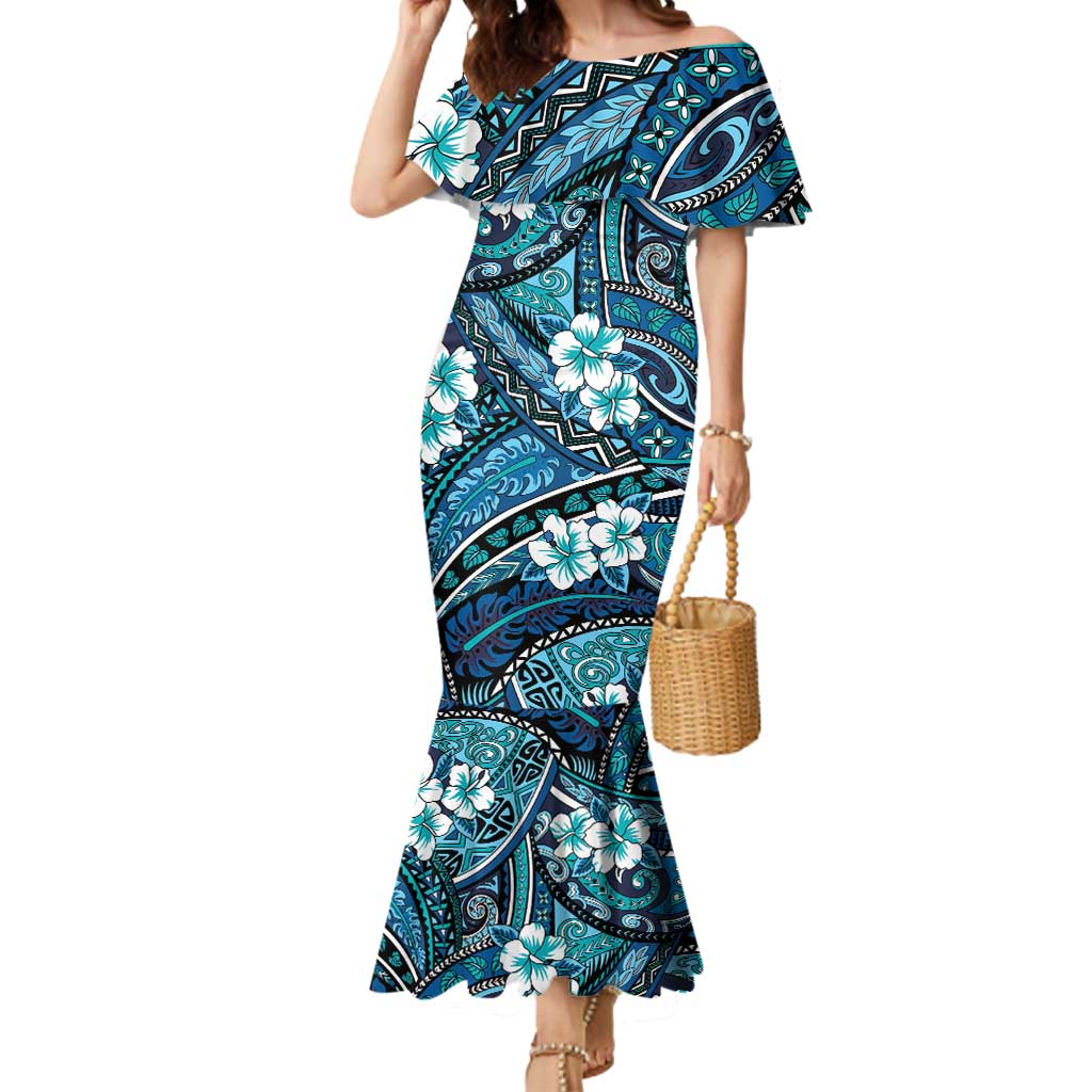 Polynesian Hibiscus Tropical Blue Floral Mermaid Dress Tribal Pattern - Polynesian Pride
