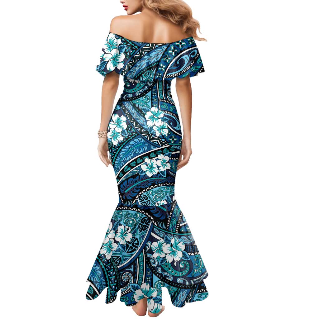 Polynesian Hibiscus Tropical Blue Floral Mermaid Dress Tribal Pattern - Polynesian Pride