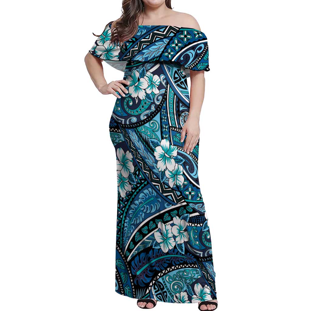 Polynesian Hibiscus Tropical Blue Floral Off Shoulder Maxi Dress Tribal Pattern - Polynesian Pride