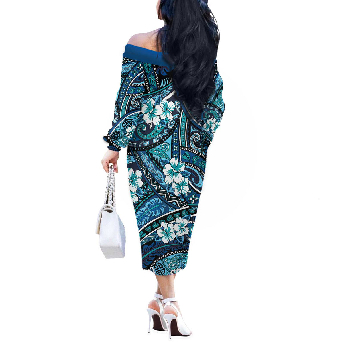 Polynesian Hibiscus Tropical Blue Floral Off The Shoulder Long Sleeve Dress Tribal Pattern - Polynesian Pride
