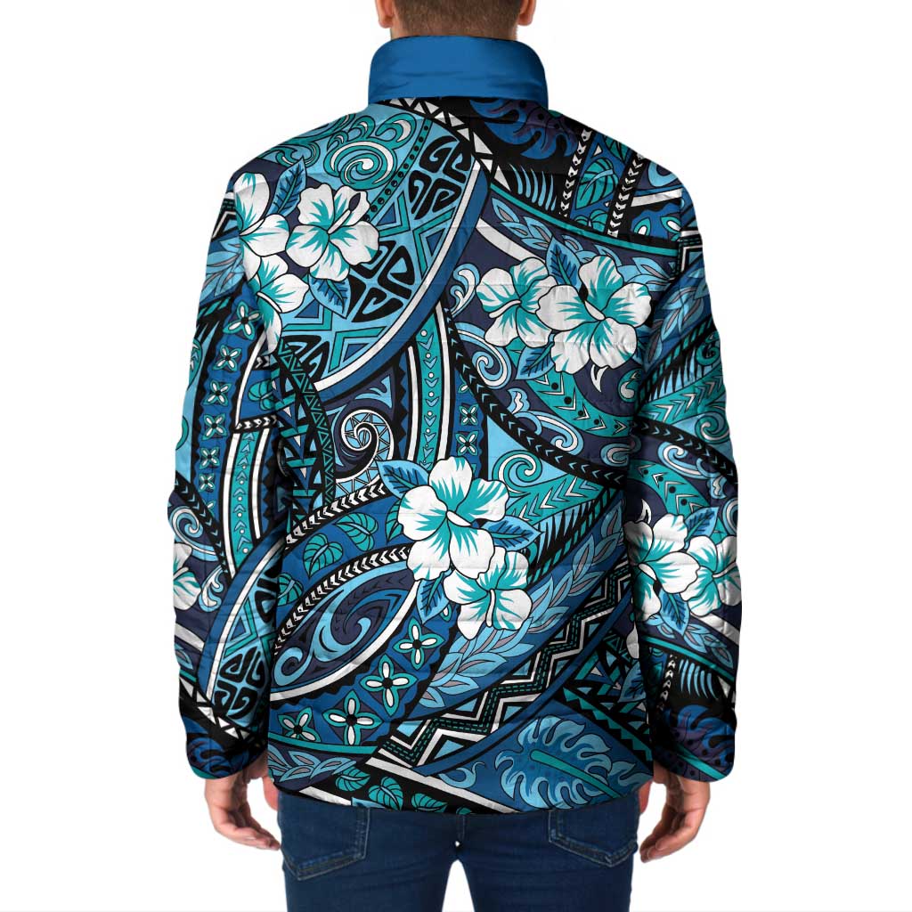 Polynesian Hibiscus Tropical Blue Floral Padded Jacket Tribal Pattern - Polynesian Pride