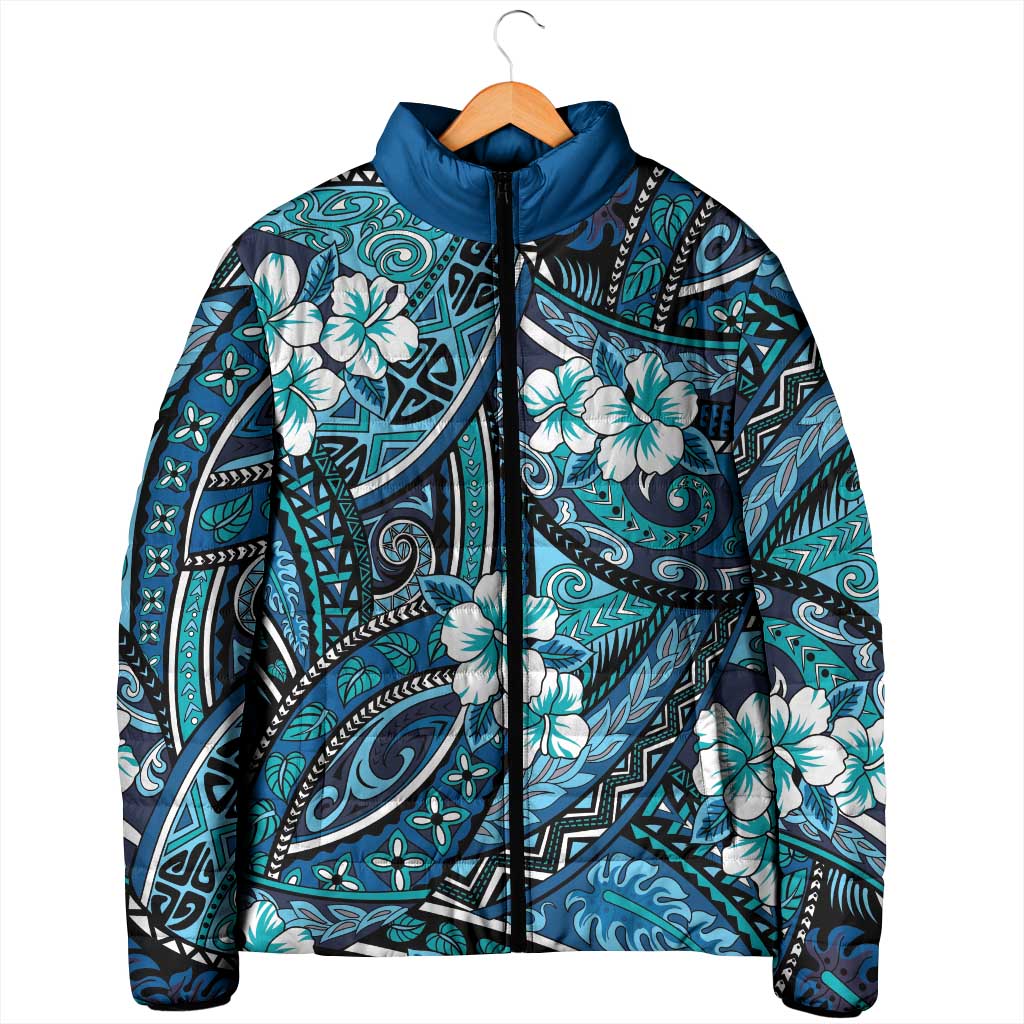 Polynesian Hibiscus Tropical Blue Floral Padded Jacket Tribal Pattern - Polynesian Pride