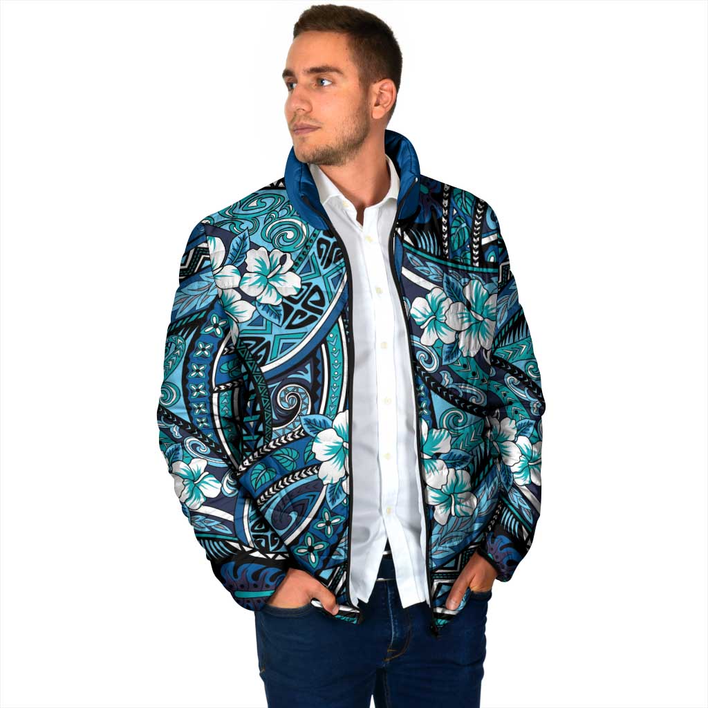 Polynesian Hibiscus Tropical Blue Floral Padded Jacket Tribal Pattern - Polynesian Pride