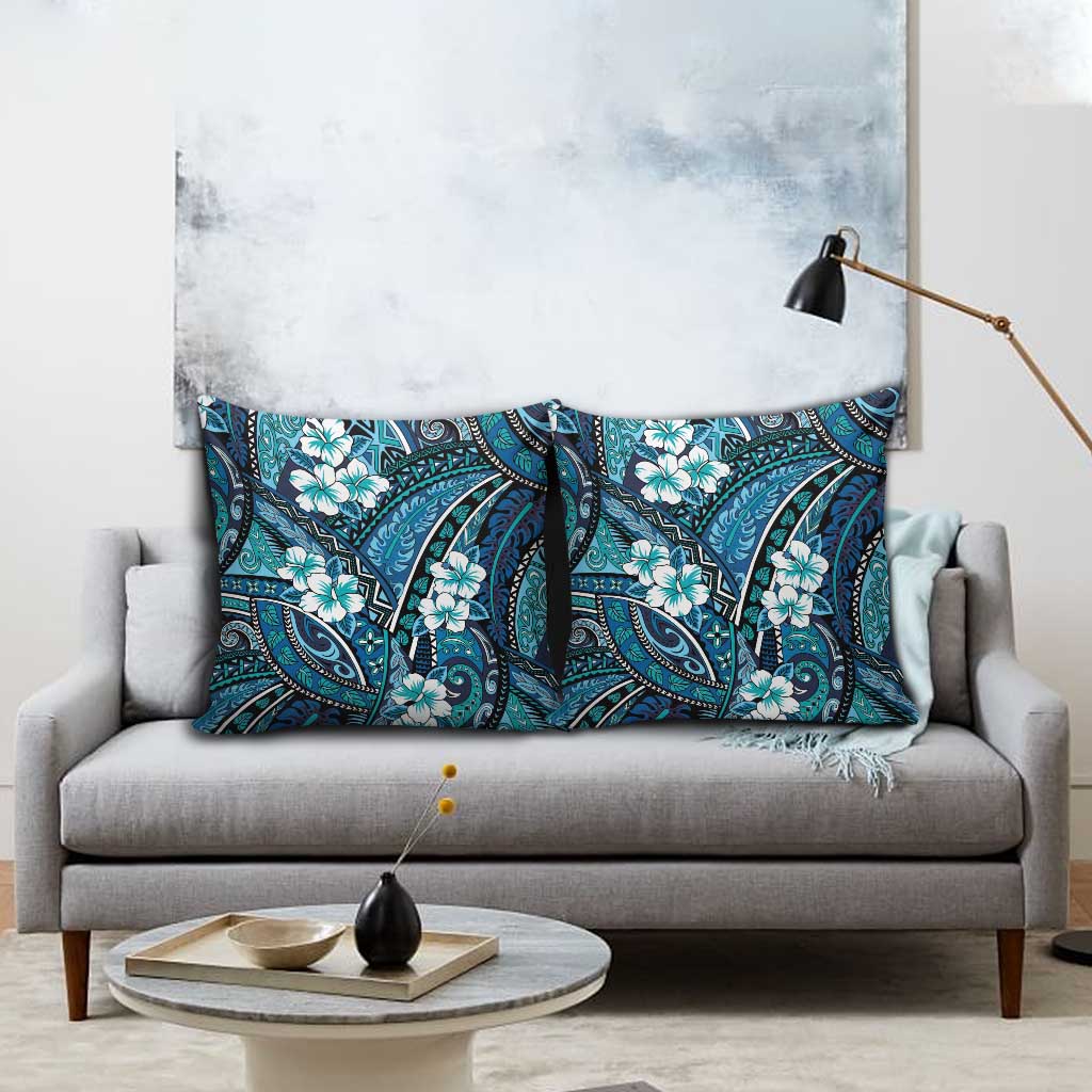 Polynesian Hibiscus Tropical Blue Floral Pillow Cover Tribal Pattern - Polynesian Pride