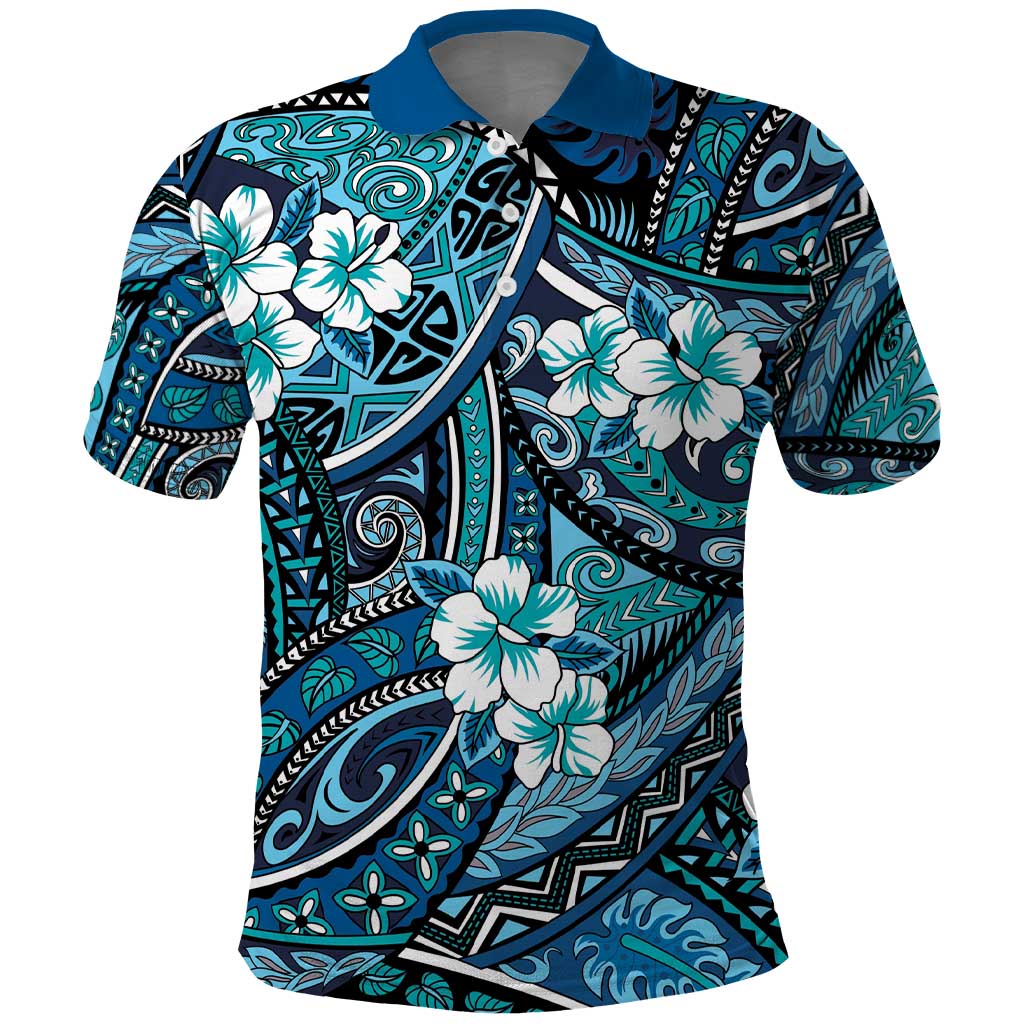 Polynesian Hibiscus Tropical Blue Floral Polo Shirt Tribal Pattern - Polynesian Pride