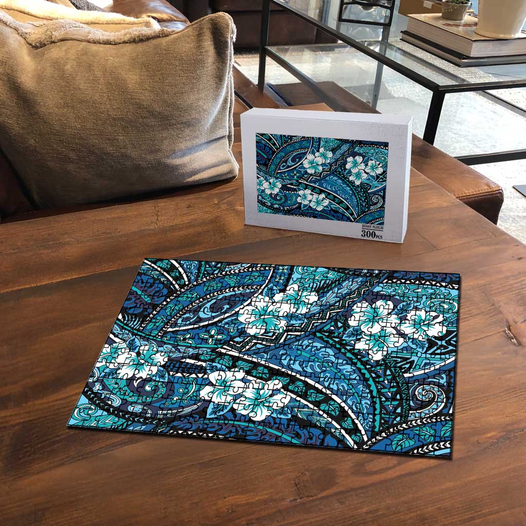 Polynesian Hibiscus Tropical Blue Floral Puzzle Tribal Pattern - Polynesian Pride