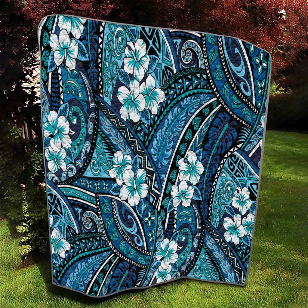 Polynesian Hibiscus Tropical Blue Floral Quilt Tribal Pattern - Polynesian Pride