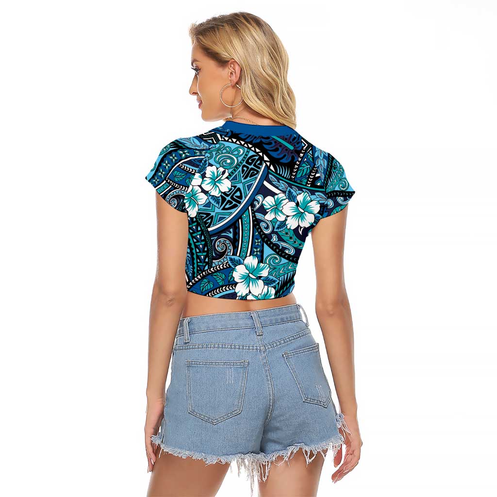 Polynesian Hibiscus Tropical Blue Floral Raglan Cropped T Shirt Tribal Pattern - Polynesian Pride