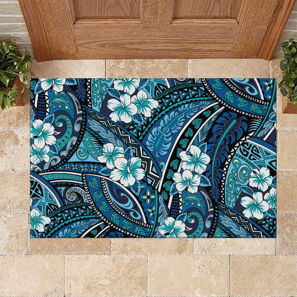 Polynesian Hibiscus Tropical Blue Floral Rubber Doormat Tribal Pattern - Polynesian Pride