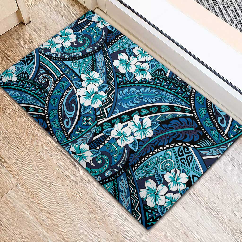 Polynesian Hibiscus Tropical Blue Floral Rubber Doormat Tribal Pattern - Polynesian Pride
