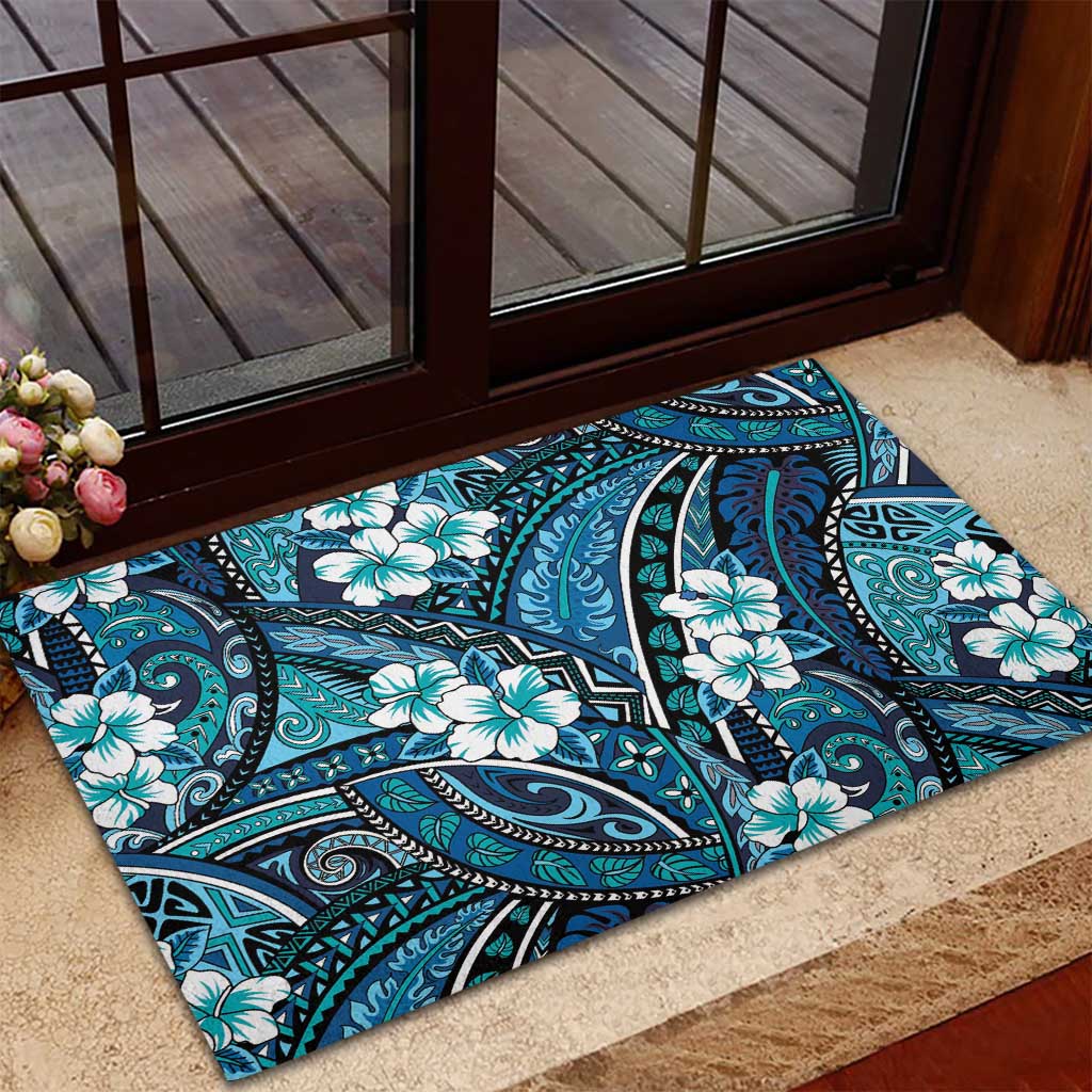 Polynesian Hibiscus Tropical Blue Floral Rubber Doormat Tribal Pattern - Polynesian Pride