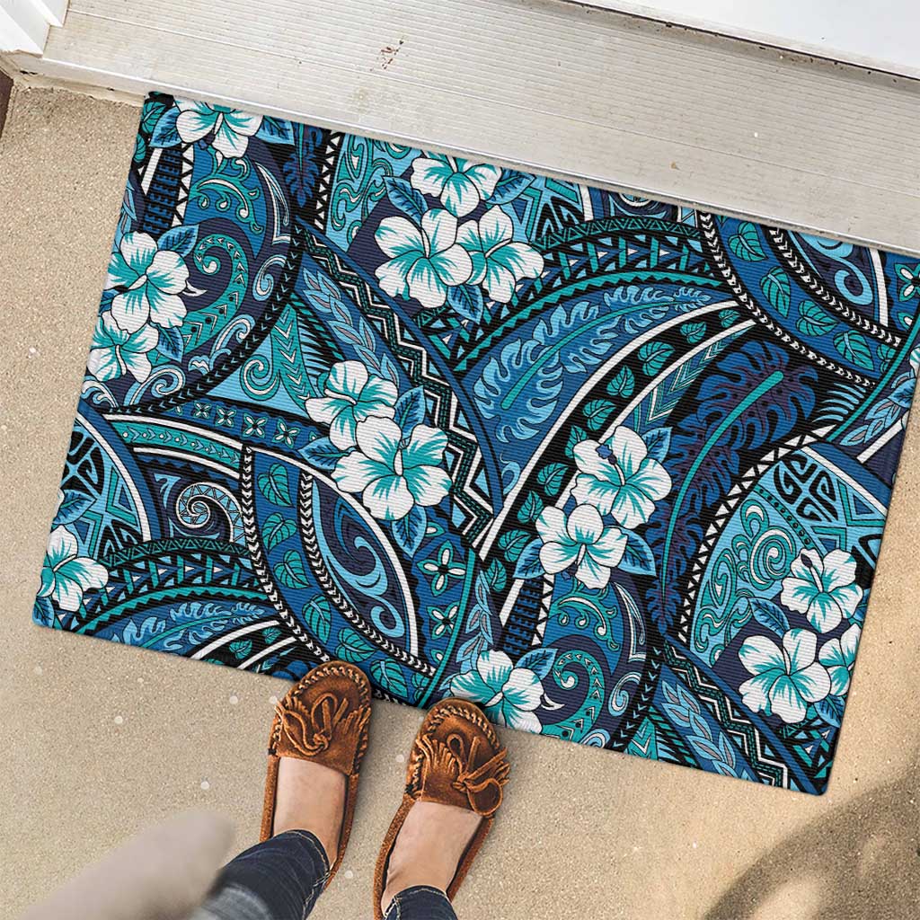 Polynesian Hibiscus Tropical Blue Floral Rubber Doormat Tribal Pattern - Polynesian Pride
