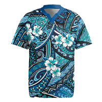 Polynesian Hibiscus Tropical Blue Floral Rugby Jersey Tribal Pattern - Polynesian Pride