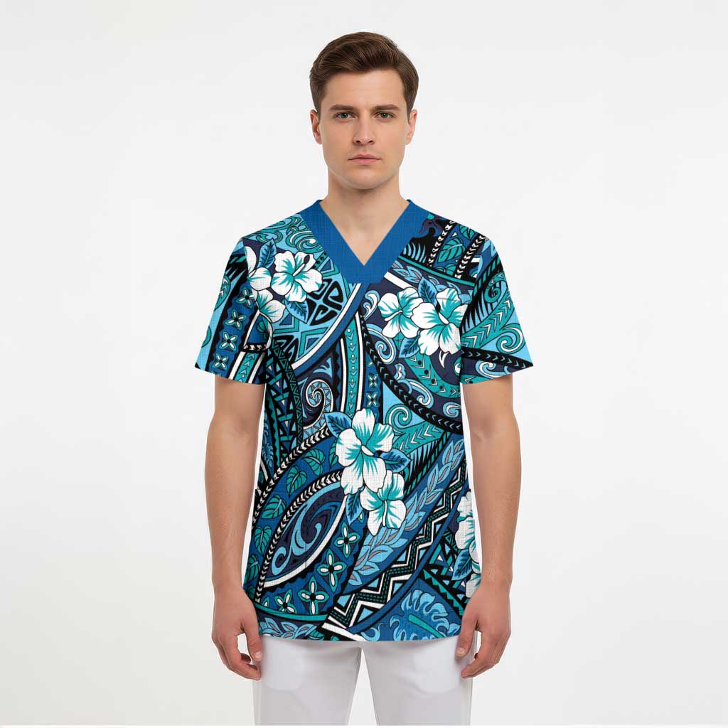 Polynesian Hibiscus Tropical Blue Floral Scrub Top Tribal Pattern - Polynesian Pride