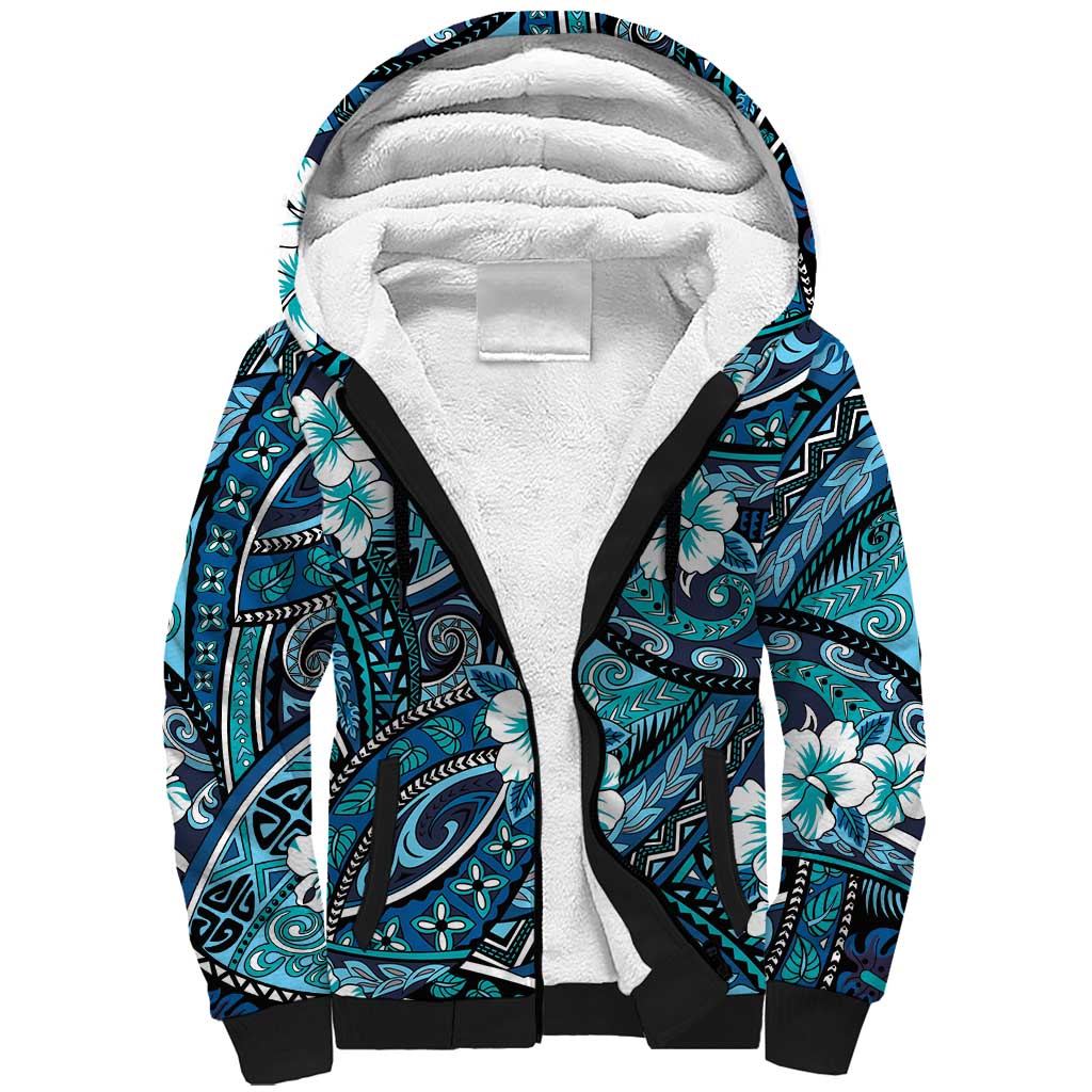 Polynesian Hibiscus Tropical Blue Floral Sherpa Hoodie Tribal Pattern - Polynesian Pride