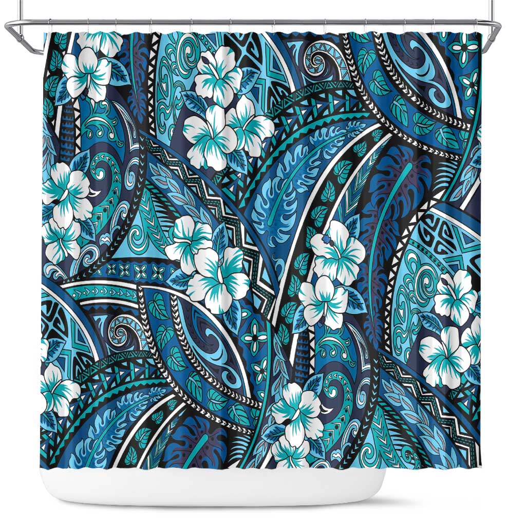 Polynesian Hibiscus Tropical Blue Floral Shower Curtain Tribal Pattern - Polynesian Pride