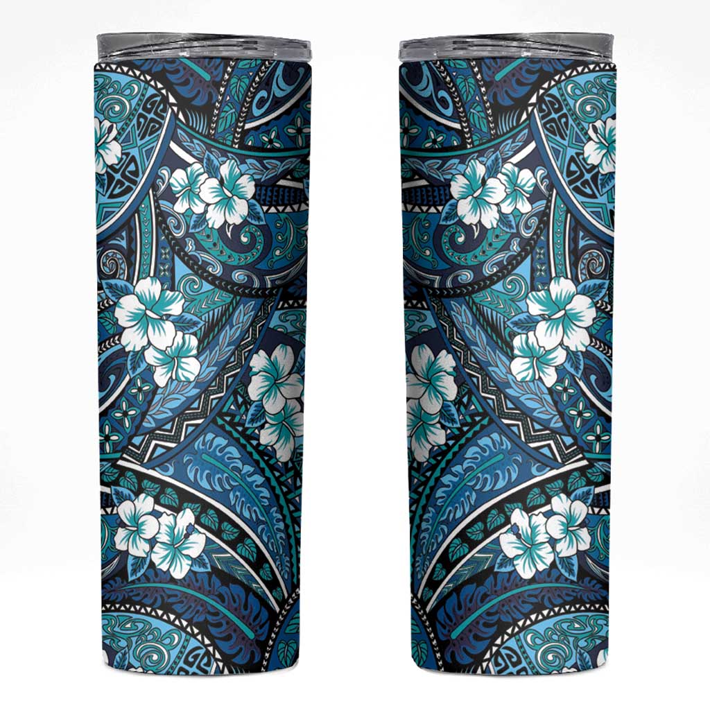 Polynesian Hibiscus Tropical Blue Floral Skinny Tumbler Tribal Pattern - Polynesian Pride