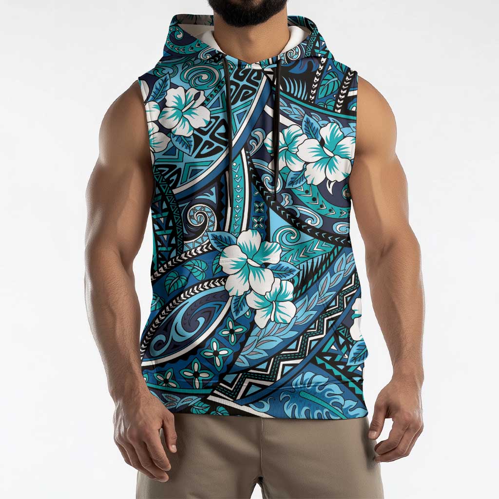 Polynesian Hibiscus Tropical Blue Floral Sleeveless Hoodie Tribal Pattern - Polynesian Pride