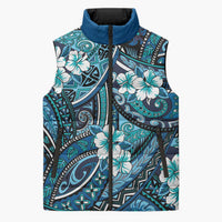 Polynesian Hibiscus Tropical Blue Floral Sleeveless Puffer Jacket Tribal Pattern - Polynesian Pride