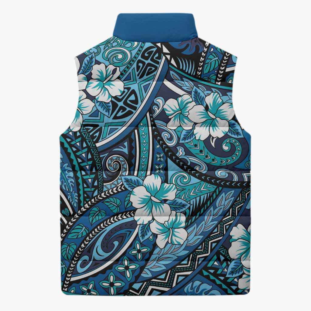 Polynesian Hibiscus Tropical Blue Floral Sleeveless Puffer Jacket Tribal Pattern - Polynesian Pride
