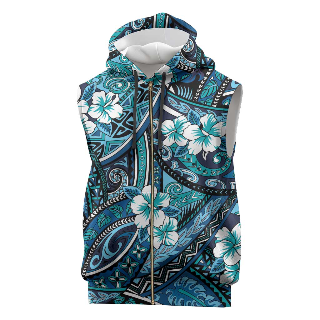 Polynesian Hibiscus Tropical Blue Floral Sleeveless Zip Hoodie Tribal Pattern - Polynesian Pride