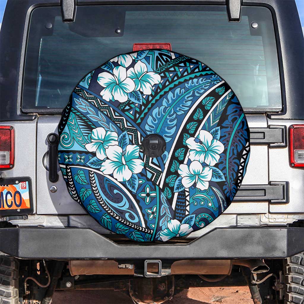Polynesian Hibiscus Tropical Blue Floral Spare Tire Cover Tribal Pattern - Polynesian Pride