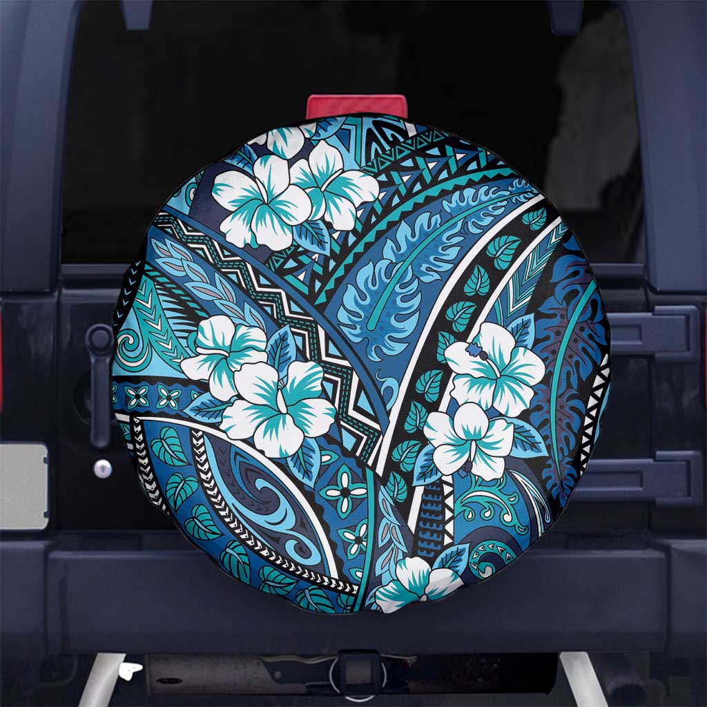 Polynesian Hibiscus Tropical Blue Floral Spare Tire Cover Tribal Pattern - Polynesian Pride