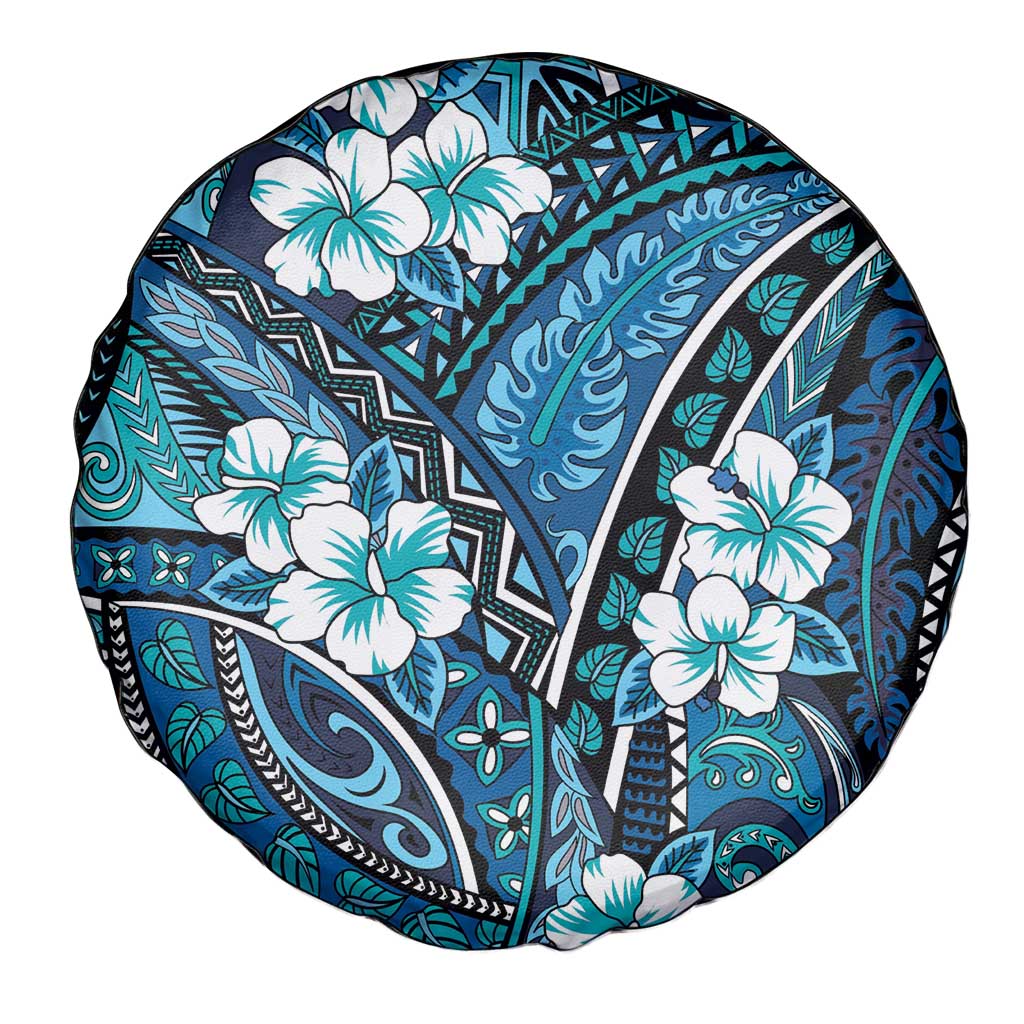 Polynesian Hibiscus Tropical Blue Floral Spare Tire Cover Tribal Pattern - Polynesian Pride