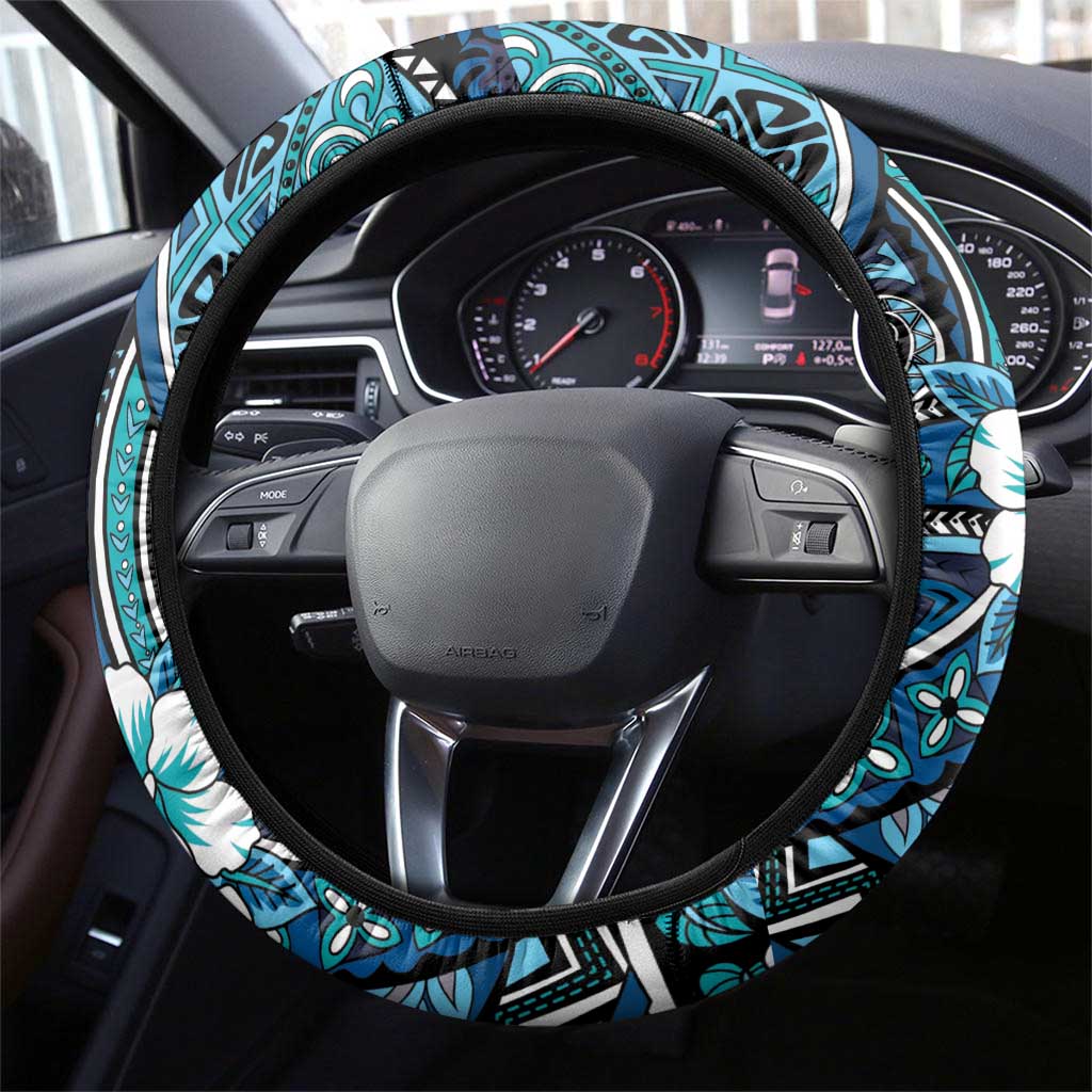Polynesian Hibiscus Tropical Blue Floral Steering Wheel Cover Tribal Pattern - Polynesian Pride
