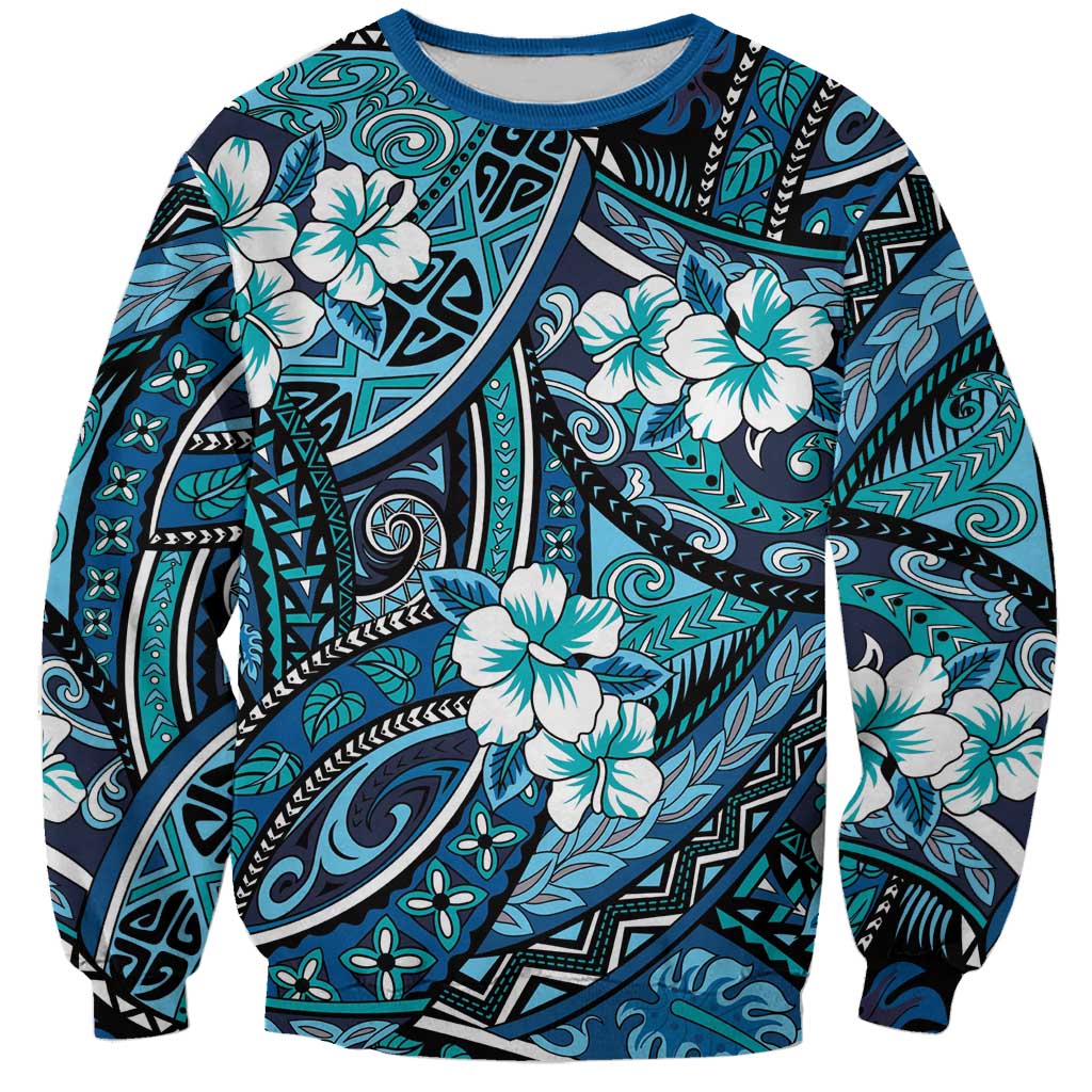 Polynesian Hibiscus Tropical Blue Floral Sweatshirt Tribal Pattern - Polynesian Pride