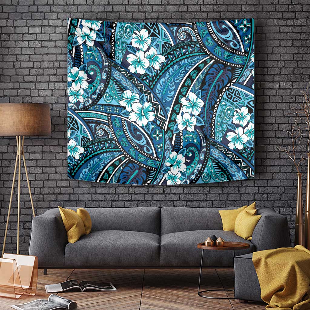 Polynesian Hibiscus Tropical Blue Floral Tapestry Tribal Pattern - Polynesian Pride