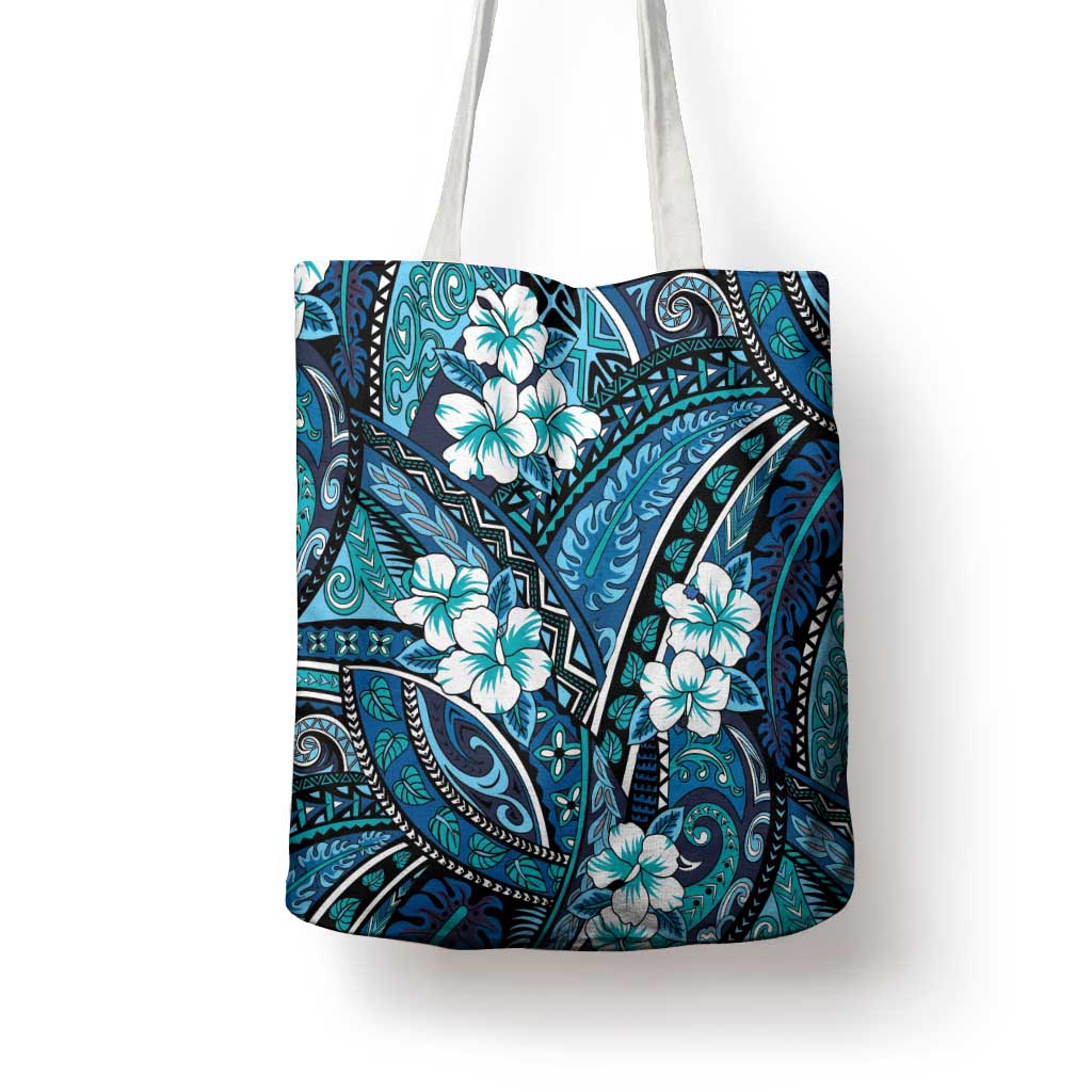 Polynesian Hibiscus Tropical Blue Floral Tote Bag Tribal Pattern - Polynesian Pride