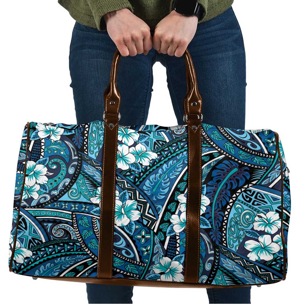 Polynesian Hibiscus Tropical Blue Floral Travel Bag Tribal Pattern - Polynesian Pride