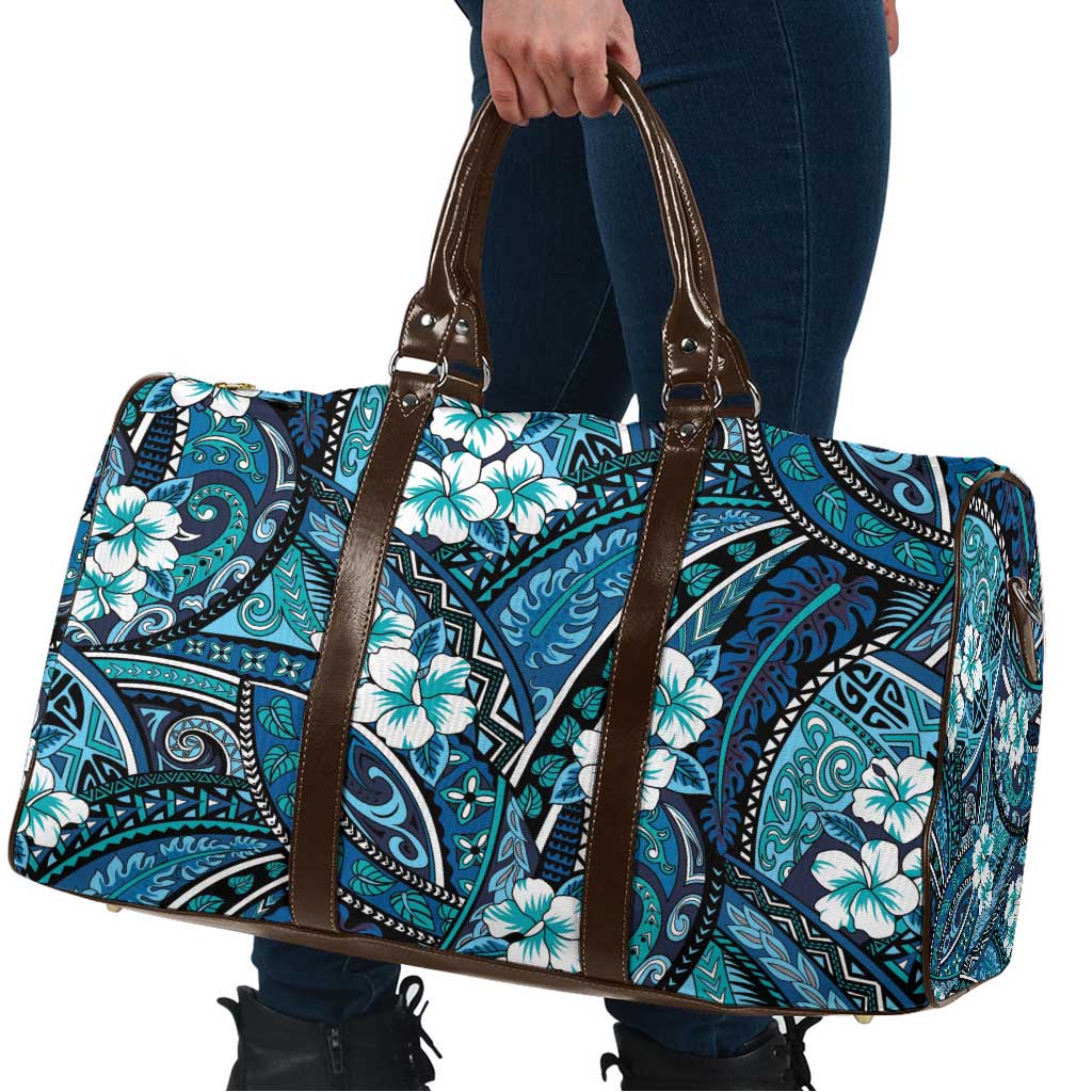 Polynesian Hibiscus Tropical Blue Floral Travel Bag Tribal Pattern - Polynesian Pride