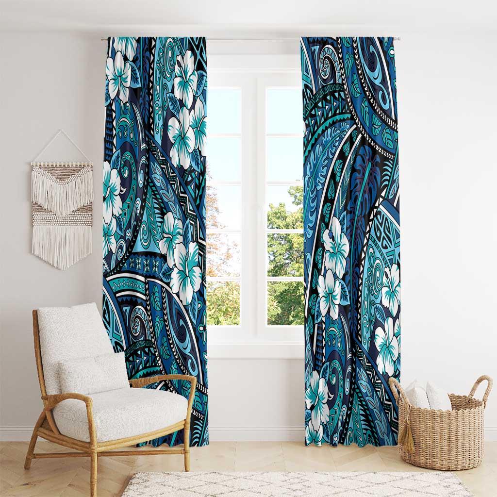 Polynesian Hibiscus Tropical Blue Floral Window Curtain Tribal Pattern - Polynesian Pride