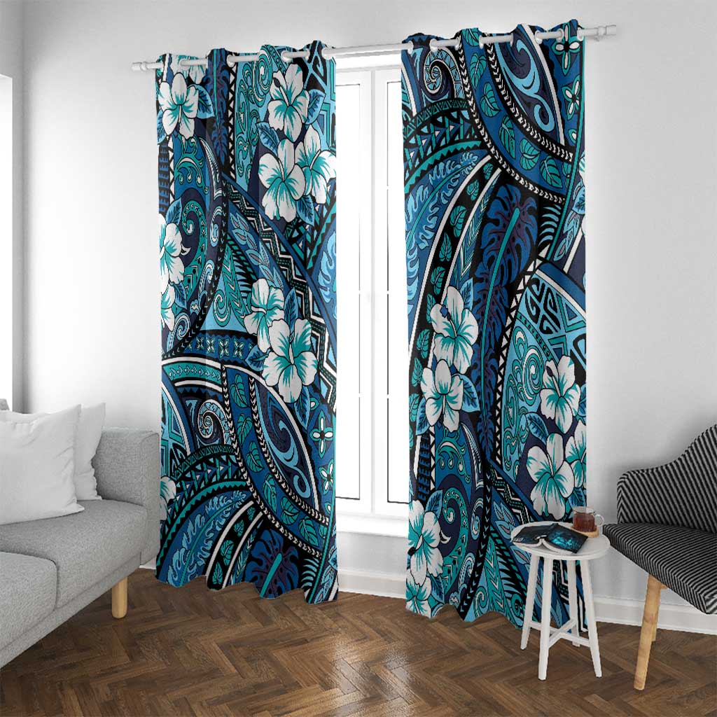 Polynesian Hibiscus Tropical Blue Floral Window Curtain Tribal Pattern - Polynesian Pride