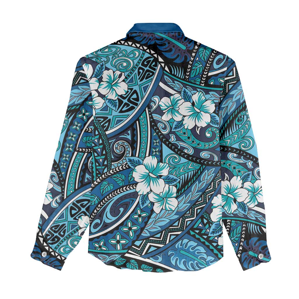 Polynesian Hibiscus Tropical Blue Floral Women Casual Shirt Tribal Pattern - Polynesian Pride