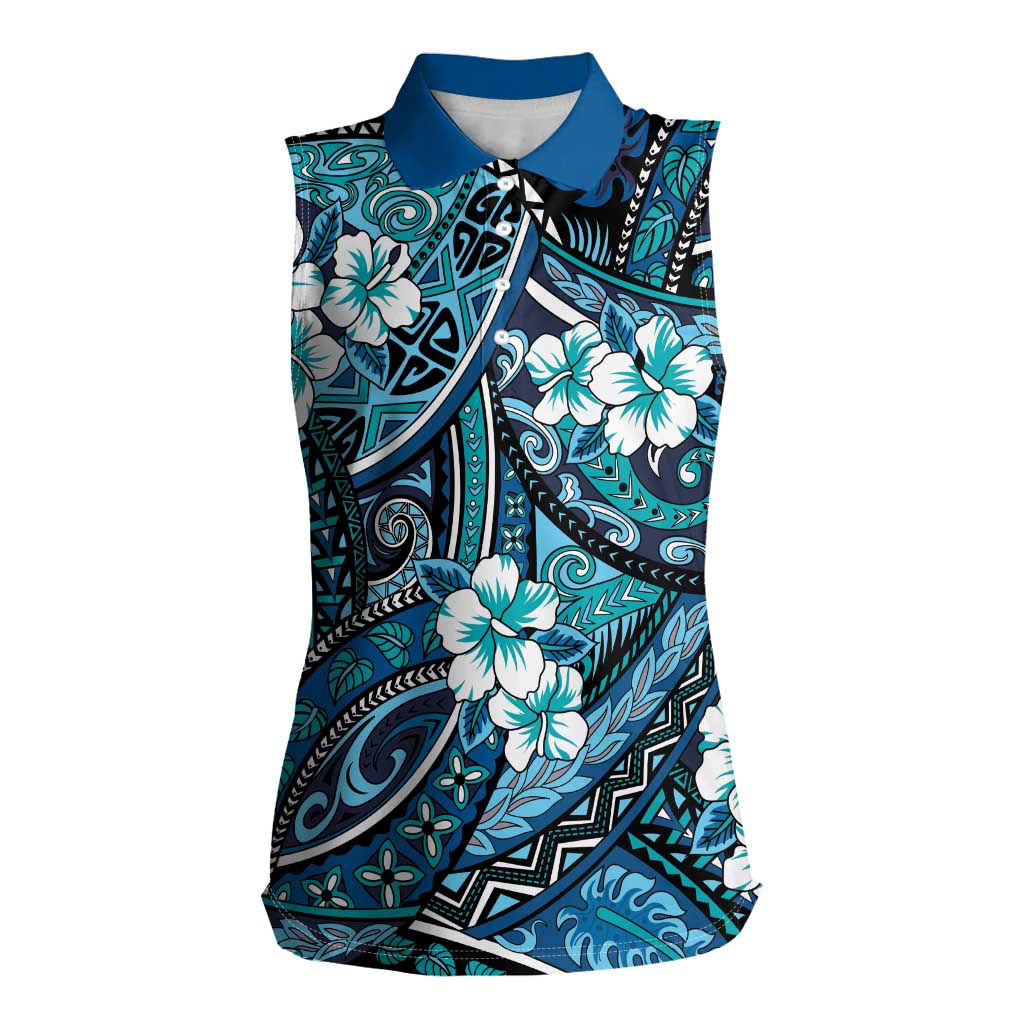 Polynesian Hibiscus Tropical Blue Floral Women Sleeveless Polo Shirt Tribal Pattern - Polynesian Pride