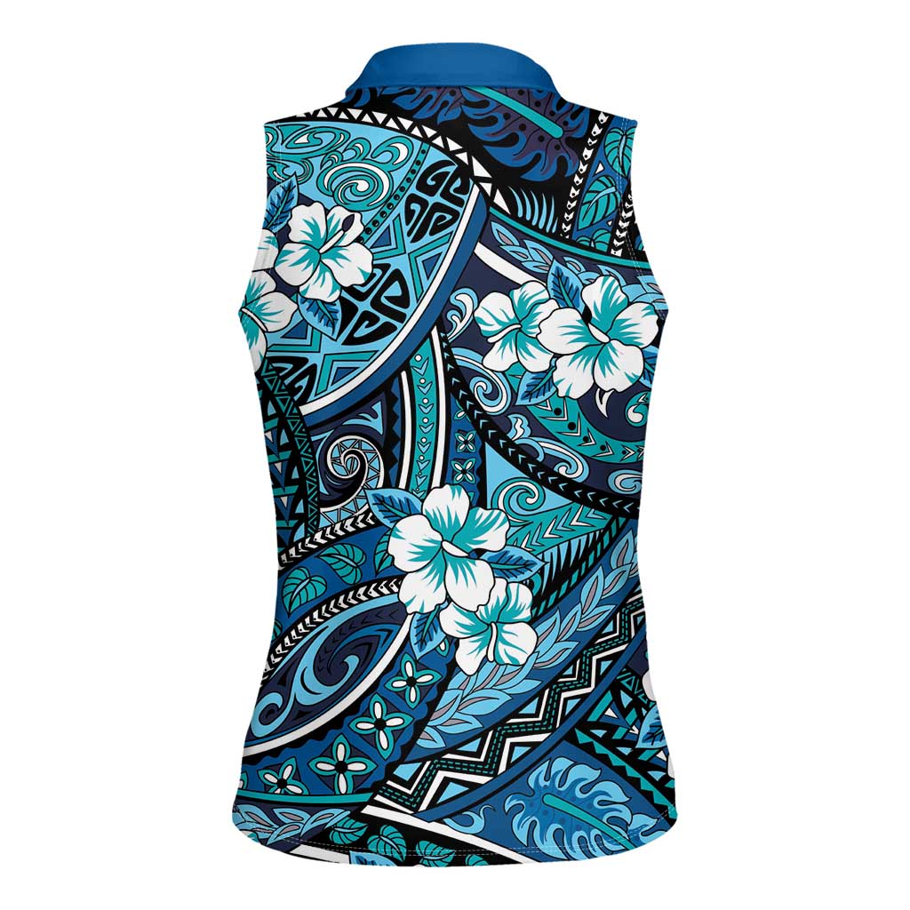 Polynesian Hibiscus Tropical Blue Floral Women Sleeveless Polo Shirt Tribal Pattern - Polynesian Pride