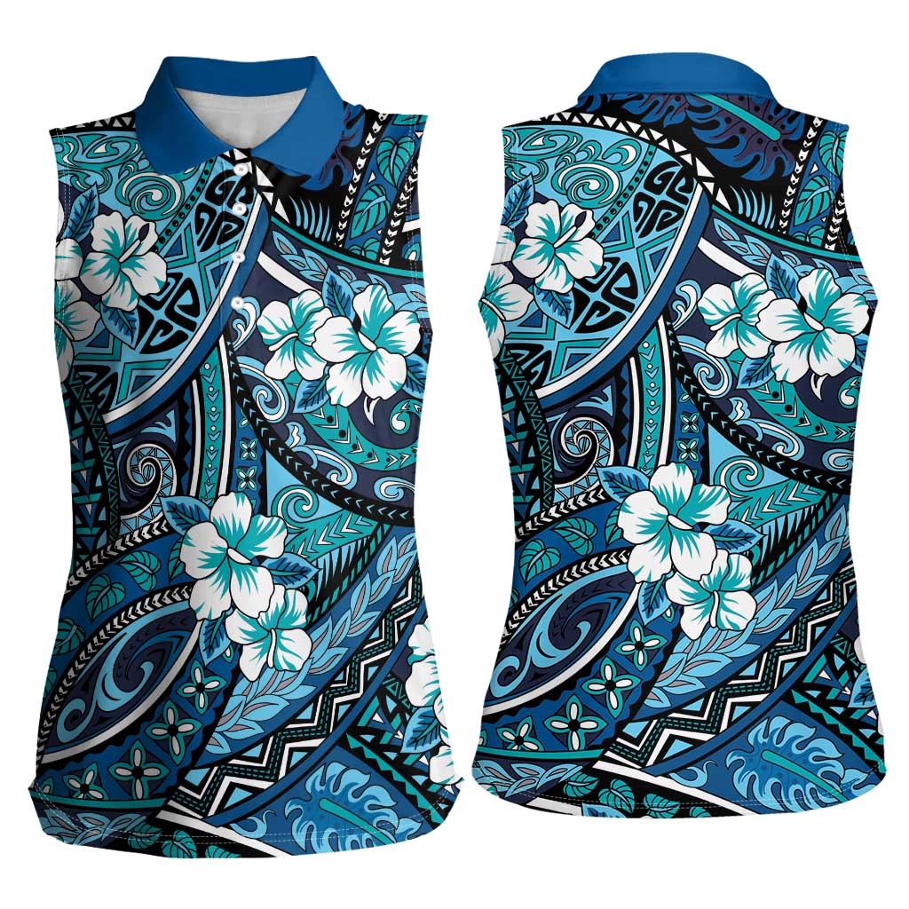 Polynesian Hibiscus Tropical Blue Floral Women Sleeveless Polo Shirt Tribal Pattern - Polynesian Pride
