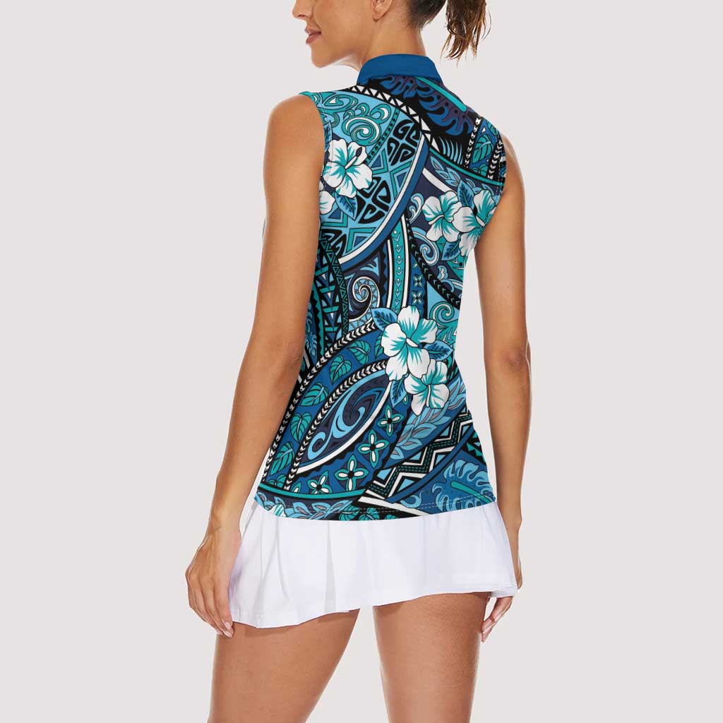 Polynesian Hibiscus Tropical Blue Floral Women Sleeveless Polo Shirt Tribal Pattern - Polynesian Pride